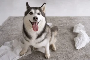 A imagem mostra um cachorro rasgando tapete higiênico.